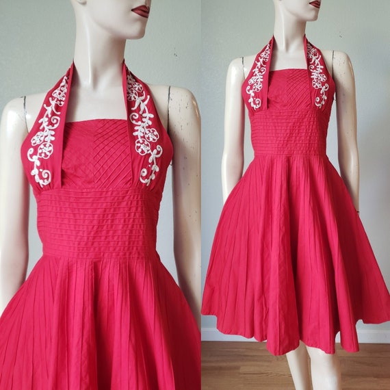 1950s Cotton Halter Dress with Pin-tucked Seaming