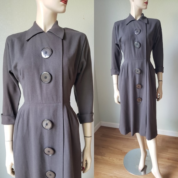 1940s Taupe Wool Tailored Day Dress with Pockets /