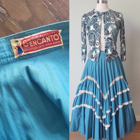 1950s  South American Turquoise Cotton Skirt with 