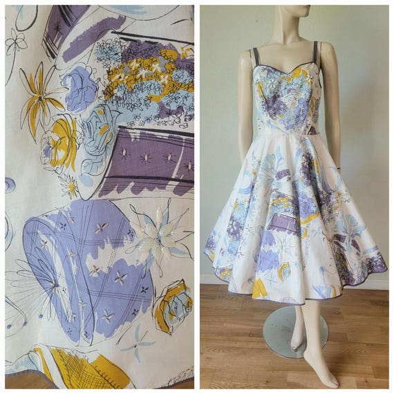 Vintage 1950s Cotton Summer Dress Full Skirt / Novelty Hatbox and Flowers Print with Shell Beads / Summer Party Wear White Purple Blue S 26W