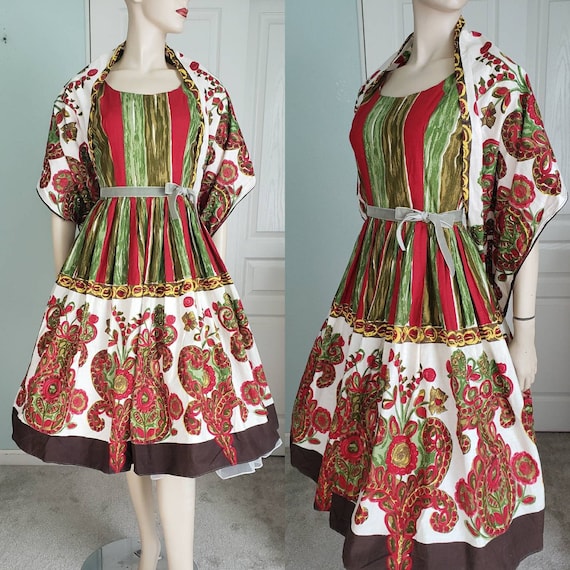 1950s-60s Cotton Dress and Shawl Set / 1950s Summ… - image 1