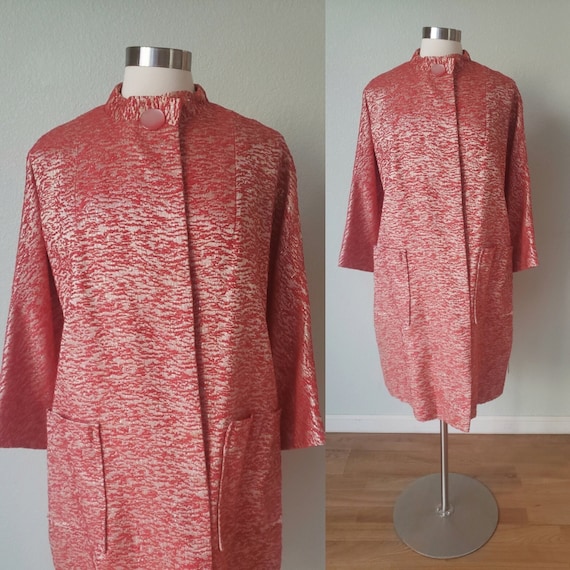 1950s Brocade Lame' Evening Coat in Coral Red and… - image 1