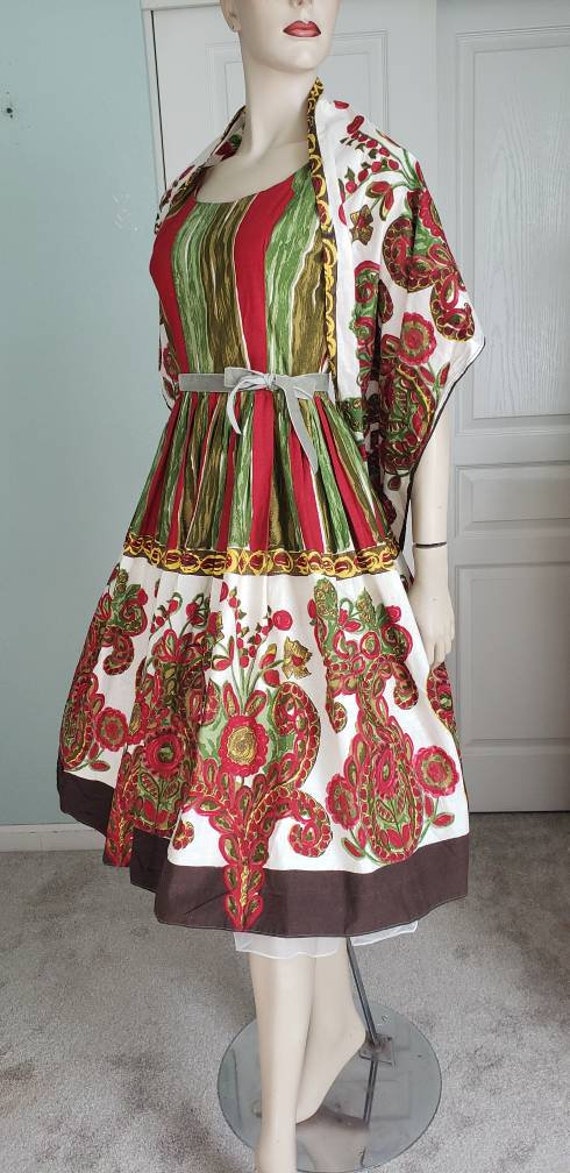 1950s-60s Cotton Dress and Shawl Set / 1950s Summ… - image 4