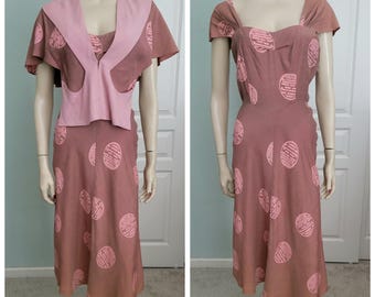 Vintage 1940s Rayon Summer Dress with Jacket 1940s Day Dress / 40s Dress Suit / Hawaiian Style Asian Symbol Print / Small 26W