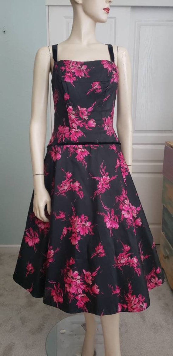 Fuchsia Flowers 1950s Silk Halter Party Dress / 1… - image 2