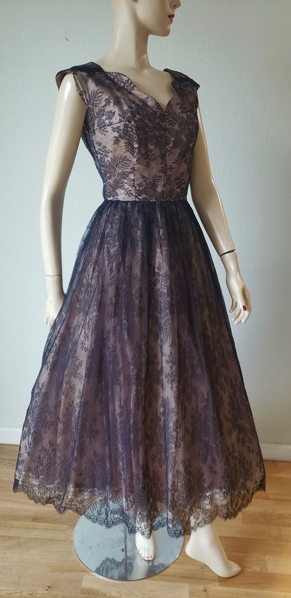 1950s FINE Silk Chantilly Lace Party Dress / 50s … - image 5