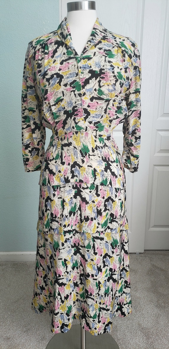 peplum dress asian Vintage 1940s Asian Print Rayon Peplum Dress