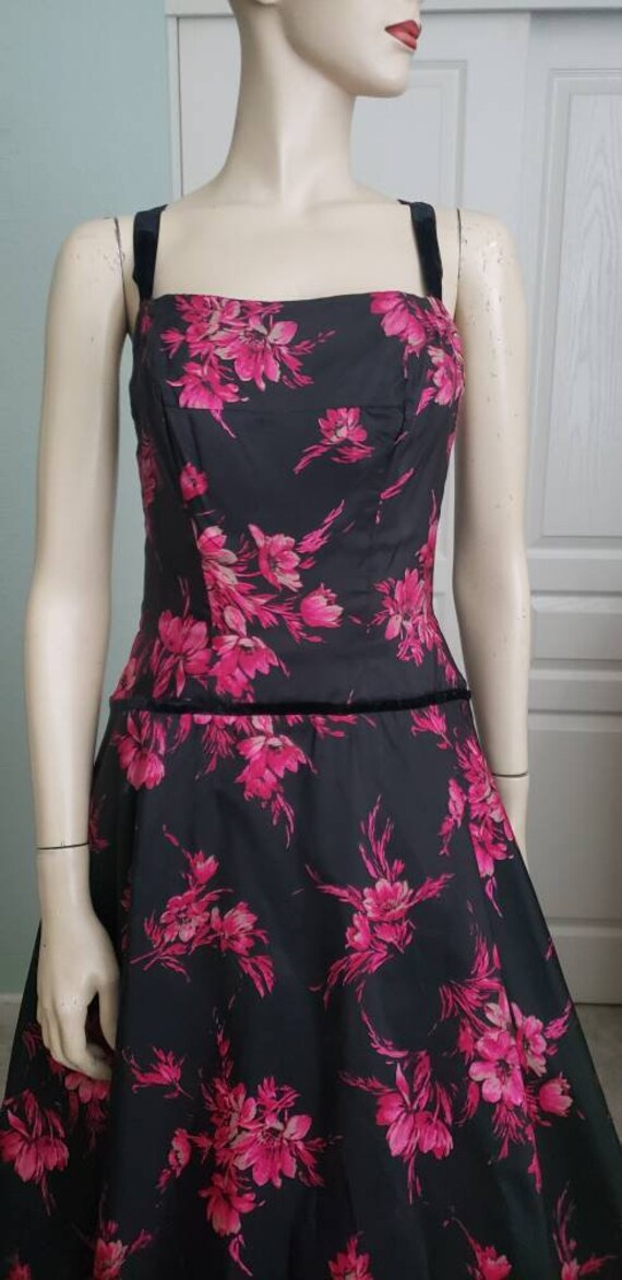 Fuchsia Flowers 1950s Silk Halter Party Dress / 1… - image 3