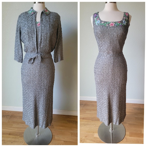 50s 1950s Saks Silk Ribbon Knit Dress Suit with Embroidery / Curvy Hourglass Summer Suit Dressy Luxury Wear Small 26 Waist