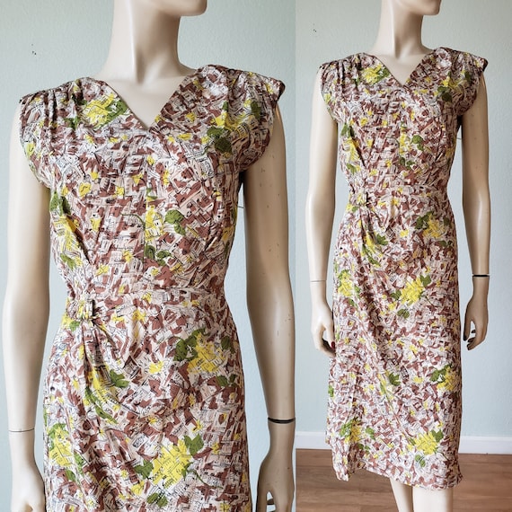 1940s Novelty Print Rayon Dress with Sarong Skirt