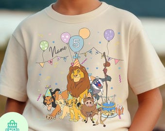 Personalized Name Age Lion King Birthday Balloon T-Shirt, Custom Disney Simba Timon Pumbaa Birthday Present Gift, Disneyland Family Trip Tee