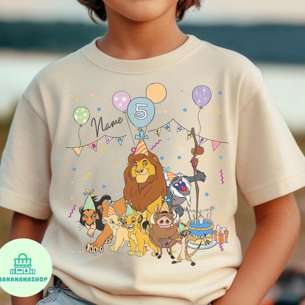 Personalized Name Age Lion King Birthday Balloon T-Shirt, Custom Disney Simba Timon Pumbaa Birthday Present Gift, Disneyland Family Trip Tee