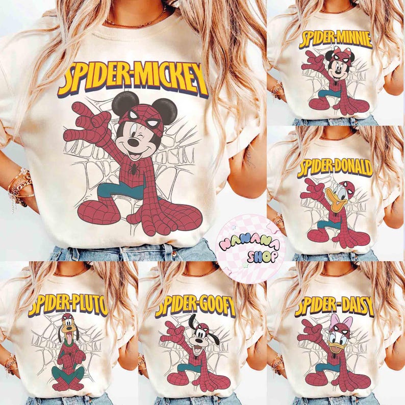 May include: Cream-colored t-shirts featuring various Disney characters as Spider-Man. Designs include Mickey, Minnie, Donald, Pluto, Goofy, and Daisy. Each shirt has a character in a Spider-Man suit with the character's name above.