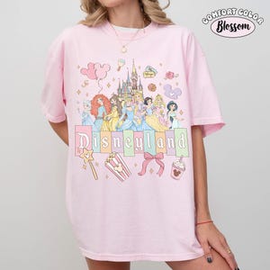May include: Pink t-shirt with a Disneyland graphic featuring cartoon princesses, a castle, and other themed icons. The shirt has the words "Disneyland" in colorful letters and the words "Comfort Color Blossom" in a circle.