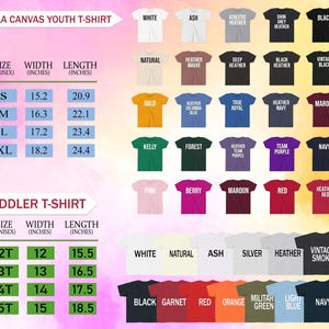 May include: A product image showcasing a variety of Bella Canvas youth and toddler t-shirts in various colors. The image includes a size chart with measurements in inches for both youth and toddler sizes. The t-shirts are displayed in a range of colors, including white, black, and navy.
