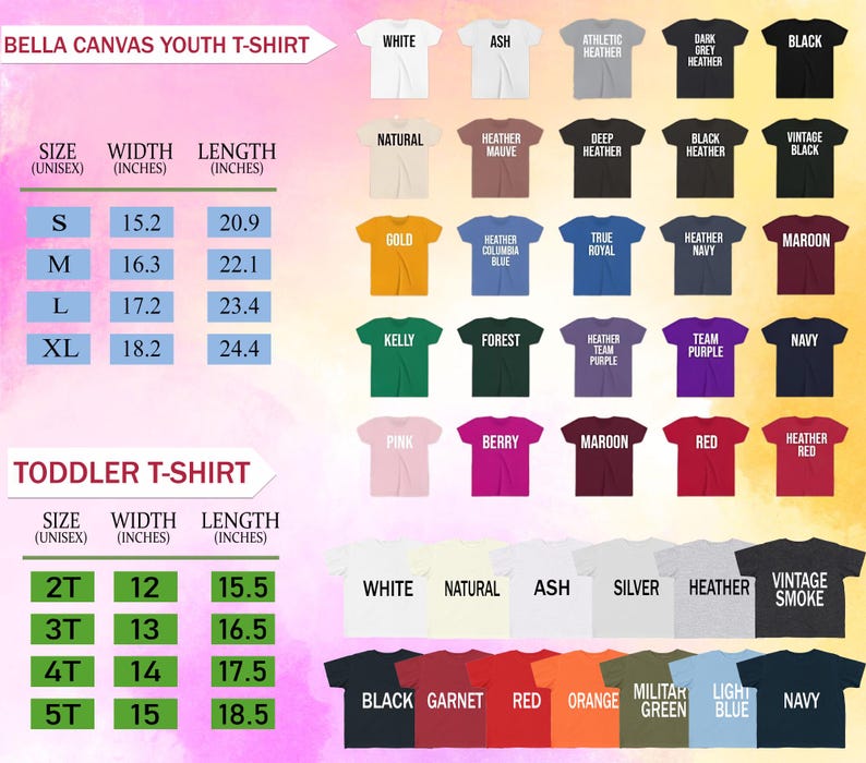 May include: A product image showcasing a variety of Bella Canvas youth and toddler t-shirts in various colors. The image includes a size chart with measurements in inches for both youth and toddler sizes. The t-shirts are displayed in a range of colors, including white, black, and navy.