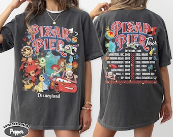 Comfort Colors Retro Disneyland Pixar Pier Tour Shirt, Meet Me At Pixar Pier Characters, Disney Pixar Fest 2026, Disneyland Family Trip Tees