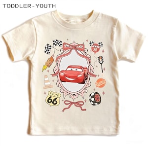Coquette Bow Disney Cars Shirt, Lightning McQueen Tow Mater Doc Hudson Sally Carrera Birthday Cars Family Matching, Disney Girl Trip Shirt