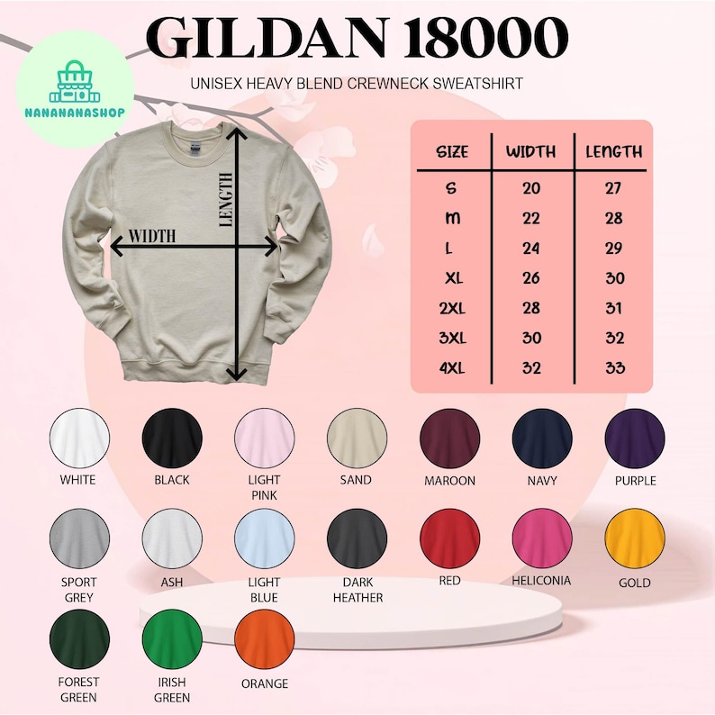 May include: A Gildan 18000 unisex heavy blend crewneck sweatshirt in sand color. The image shows a size chart with measurements in inches. Available colors include white, black, light pink, maroon, navy, and more.