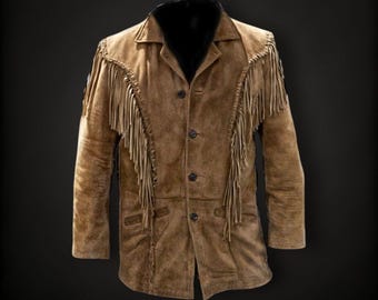 New Men&#39;s Western Wear Suede Leather Traditional Fringes Vintage Style Jacket, Men Buckskin Shirt Fringes Suede Leather Jacket, Fringed Coat