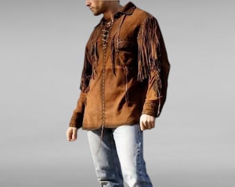 Men Western Wear Suede Leather Long Fringe Vintage Shirt Style Jacket, Men Buckskin Shirt Fringes Suede Leather Jacket, Fringed Jacket