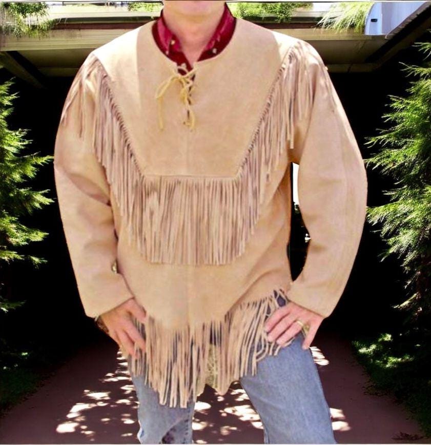 New Men's Western Wear Suede Leather Long Fringe Vintage Shirt Style Jacket, Western Cowboy Fringes Suede Leather Jacket, Men Buckskin Shirt