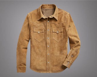 Men&#39;s Genuine Suede Leather Shirt, Trucker Cowboy Shirt, Men Classic Western Trucker Jacket, Real Suede Trucker Leather Jacket, Gift for Him