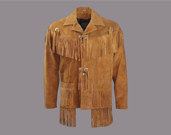 Men Western Wear Suede Leather Shirt Style Fringed Jacket, Men Buckskin Shirt Fringes Suede Leather Jacket, Men Buckskin Tassel Shirt Jacket