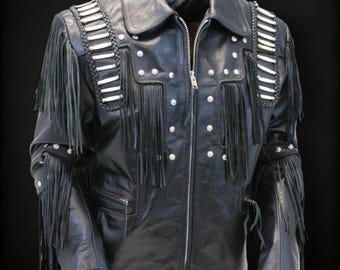 Buckskin Shirt with Fringes Cowboy Rodeo Style Shirt, Coat with Braided & Fringes, Men&#39;s Traditional Handmade Western Cowboy Leather Jacket