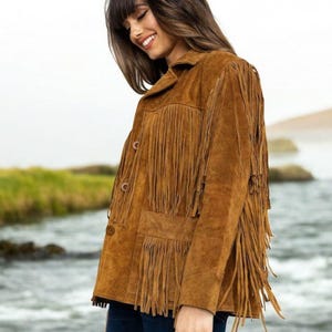 Women&#39;s Vintage Fringe Leather Jacket, Brown Ladies Leather Jacket, Brown Suede Leather Jacket, Fringes Jacket, Western Jacket, Best Gift