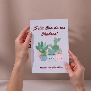 Cartão espanhol de Dia das Mães – Mamá de Plantitas para imprimir – Cartão fofo de suculentas Kawaii – Tarjeta Día de las Madres Digital