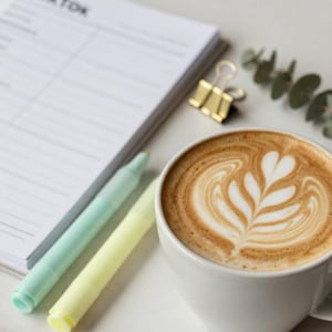 May include: A white ceramic cup filled with latte coffee featuring heart-shaped foam art, accompanied by a white notebook with the text "SKTOK" printed on the page, two pastel-coloured markers in mint and yellow, a gold binder clip, and a sprig of eucalyptus.