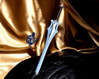 Espada Réplica do He-Man, Mestre do Universo, Forjada à Mão, Espada Medieval Cinza com Caveira e Bainha de Couro.