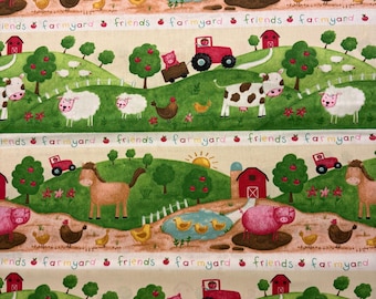 Farmyard Cotton Fabric – Cow Pig Sheep Horse, Tractor & Barn, Children’s Fabric, Sewing, Patchwork Quilt Fabric