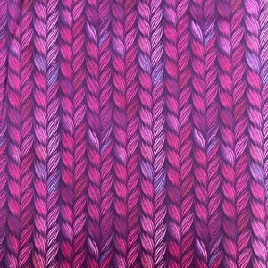 May include: A fabric with a repeating pattern of woven pink and purple braids. The fabric has a textured look and feel.