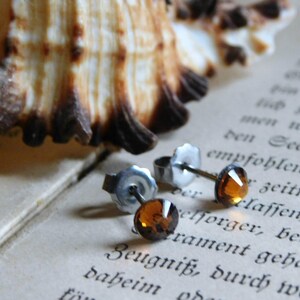May include: A pair of silver stud earrings with amber-colored glass stones. The earrings are on a book with text in German.