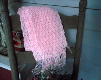 The Rose Quartz Pink Crochet Scarf. Homespun Gypsy Bohochic Hand Crocheted Fringe Scarf.  #FestiveEtsyFinds