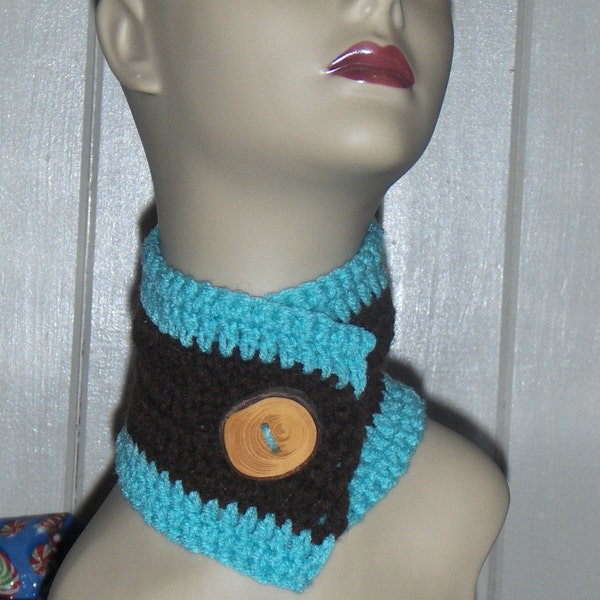 Handmade boho-chic Neck cowl Aqua & coffee Brown  Crocheted rustic fall women's accessory Neck warmer wrap scarf with Large Wood button