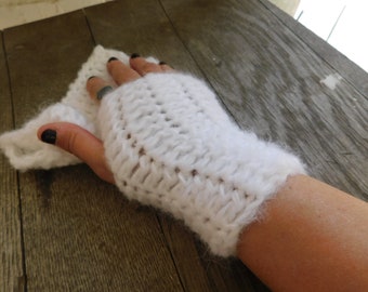 Snowfall Fingerless Gloves. Alpaca Hair Thick Snow White Boho Fuzzy fluffy Arm Warmers, Winter mittens Victorian style Winter Gift for her