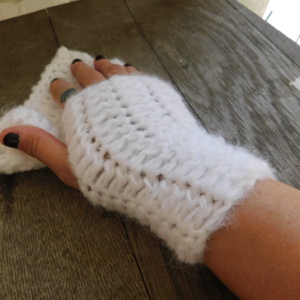 Snowfall Fingerless Gloves. Alpaca Hair Thick Snow White Boho Fuzzy fluffy Arm Warmers, Winter mittens Victorian style Winter Gift for her