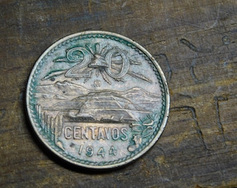 Moneta rara d'epoca del 1944 Estado Unidos Mexicanos da 20 Centavos con la Piramide del Sole di Teotihuacan, moneta da collezione, moneta di bronzo, moneta del Messico