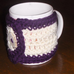 Gardenia and Plum.  Handmade Crocheted Coffee Cup Cozy with Deer Antler Button.  gift for her under made to order . stocking stuffer