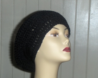 Black Mamba Jamaican Style Crochet Acrylic Yarn Slouchy Hat- jet black acrylic yarn for dread locks hair tucking. Made to Order