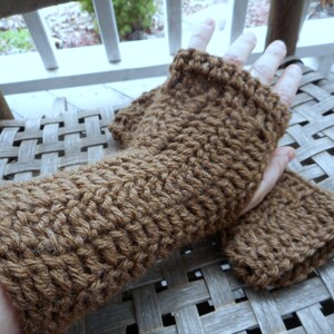 The Wild Hawk Fingerless Gloves crochet Arm Warmers Handmade Crocheted. fall autumn winter boho. Dark Beige ACrylic Yarn Handmade gloves image 3