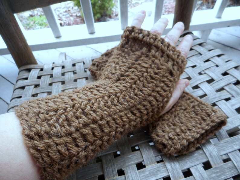 The Wild Hawk Fingerless Gloves crochet Arm Warmers Handmade Crocheted. fall autumn winter boho. Dark Beige ACrylic Yarn Handmade gloves image 3