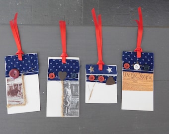 Americana Western America, OOAK Hang Tags set of 4.  Declaration of Independence. Stars, fabric , rustic buttons  #FestiveEtsyFinds