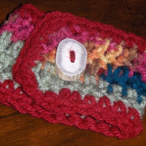 The Fun House Hodge Podge Colored with Jellied Cranberry.  Handmade Crocheted Coffee Cup Cozy with Deer Antler Button  #FestiveEtsyFinds