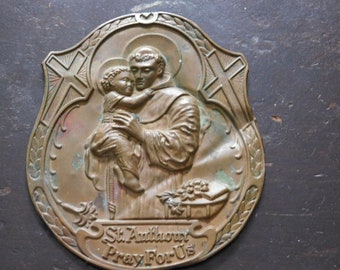 Large vintage antique bronze or copper Religious medal  St. Anthony Pray for us embossed metal