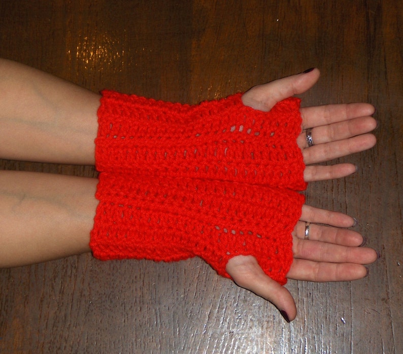 Fingerless Gloves Red Poppies Hand Crocheted Boho Valentine Red Arm Warmers BOhO Mittens Gloves Wrist Warmers Christmas Red Festive Holiday image 4