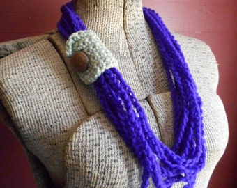 Gypsy Witch. Crochet Necklace String Infinity Scarf Autumn Fashion Crochet Skinny. amethyst grape purple Celery Green vintage button slide